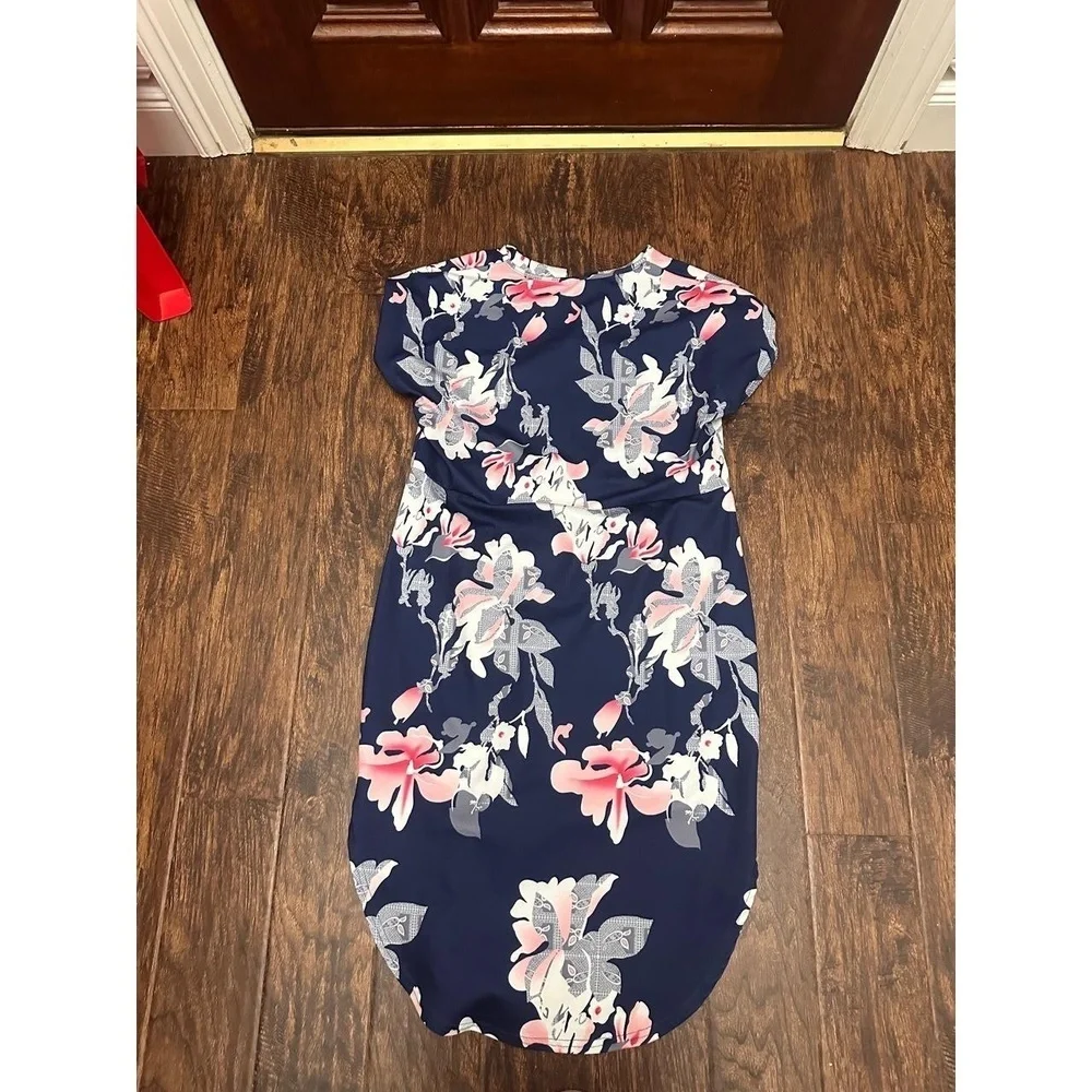 SHEIN Dress Womens Size L Navy Blue Floral Print‎ Short Sleeve Split V-Neck